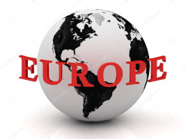 Obraz przedstawia napis Europe na tle globusu Ziemi
