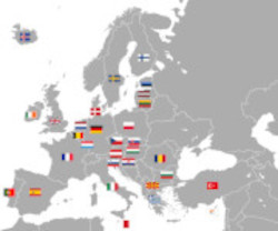 Obraz przedstawia flagi kraji Europy na mapie